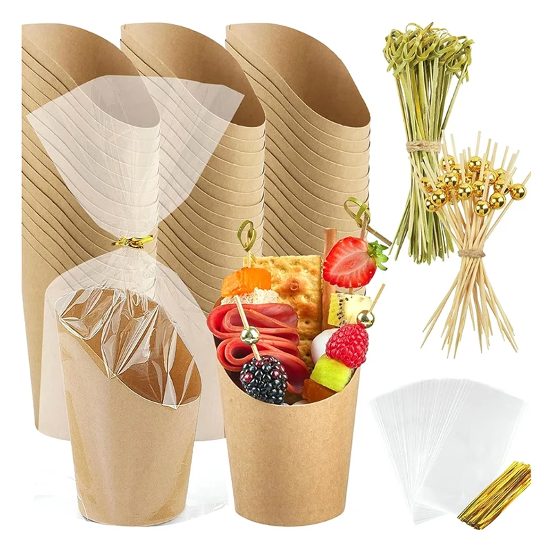 50 Pcs Disposable 14 Oz. Slanted Kraft Paper Cups Deli Fries Cups with Fruit Bamboo Stick &Gift Bag Snack Appetizer Kit