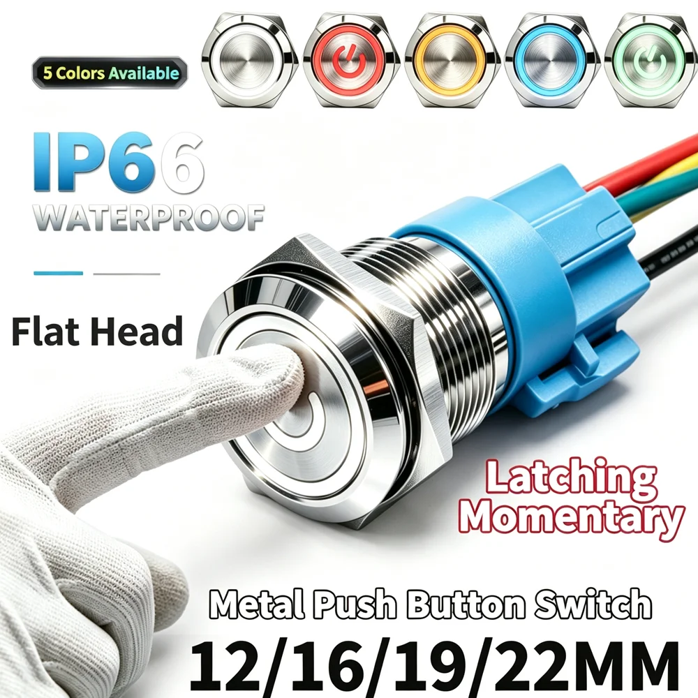12mm 16mm 19mm 22mm Waterproof IP66  Flat Circular Round Metal Button Switch LED Red Latching Momentary 3V 6V 12V 24V 110V 220V