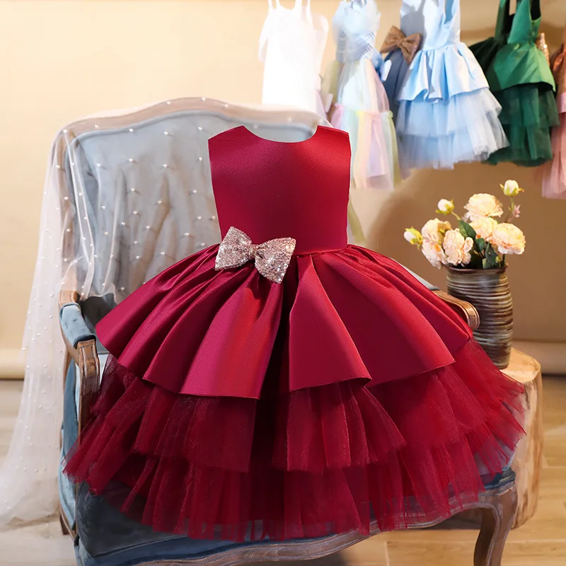 Abito rosso per bambini con fiocco grande Abito elegante da principessa con torta senza schienale per bambini per la festa di compleanno di 1° anno Abito da sera di Natale