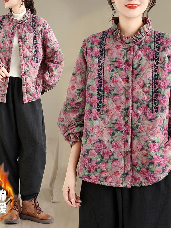 Warm katoen Jaet Dames plus maat Faionable Veelzijdig Artistiek Bloemen Lang Sve gevuld Bovenkleding Retro Sle Loose Fit...