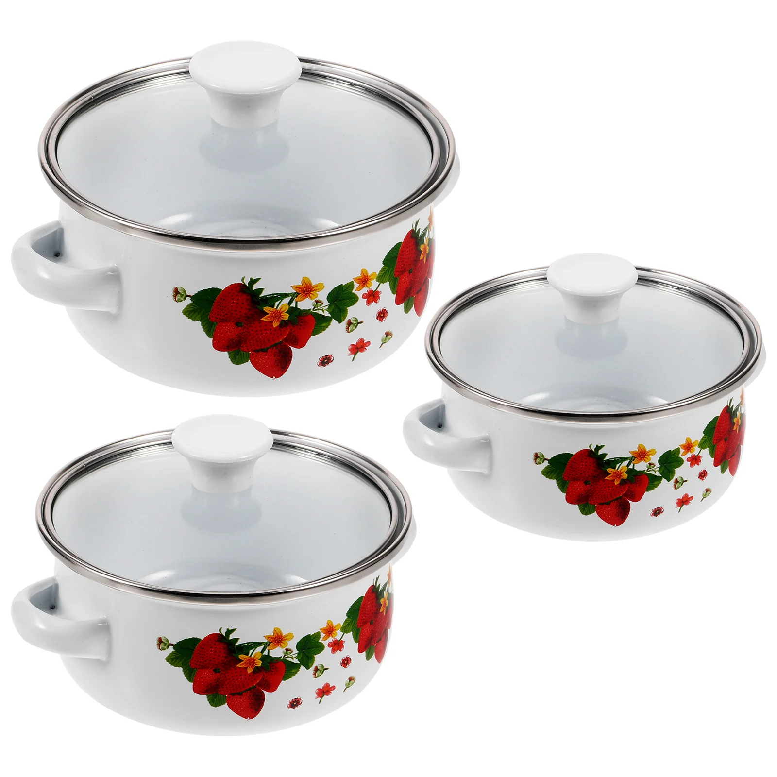 

3 Pcs Enamel Mini Soup Pot Double Ear Oil Instant Noodle Flat Bottom Small Hot Three-piece Set (green Flower) Pan Pans