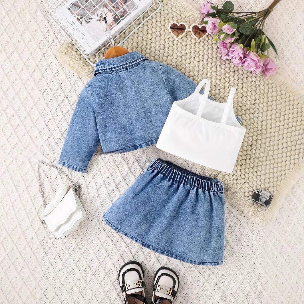 Kid Girl Stylish Blue Denim Dress Children Casual Outfit Three Piece Set Long Sleeves Jacket Vest Metal Buttons Pleated Skirt