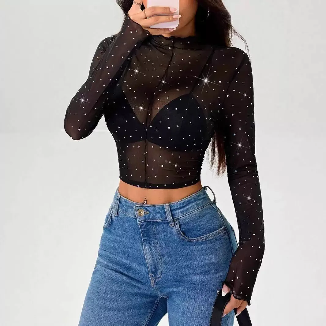 

Women's Long Sleeve Collar T-shirt Mesh Transparent Sequin Street Style Slim Fit Shirt Resistant to Deformation Spring 2026