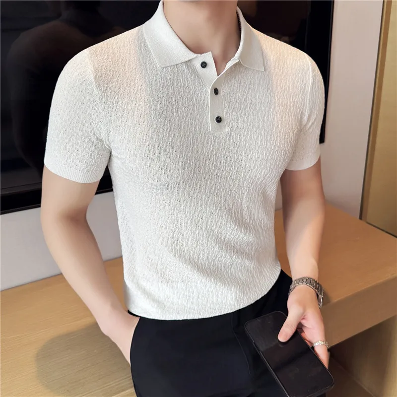

Летняя футболка Cool Touch Мужская тонкая трикотажная рубашка поло с коротким рукавом Мужская приталенная футболка Гольф Деловая одежда Однотонный белый цвет