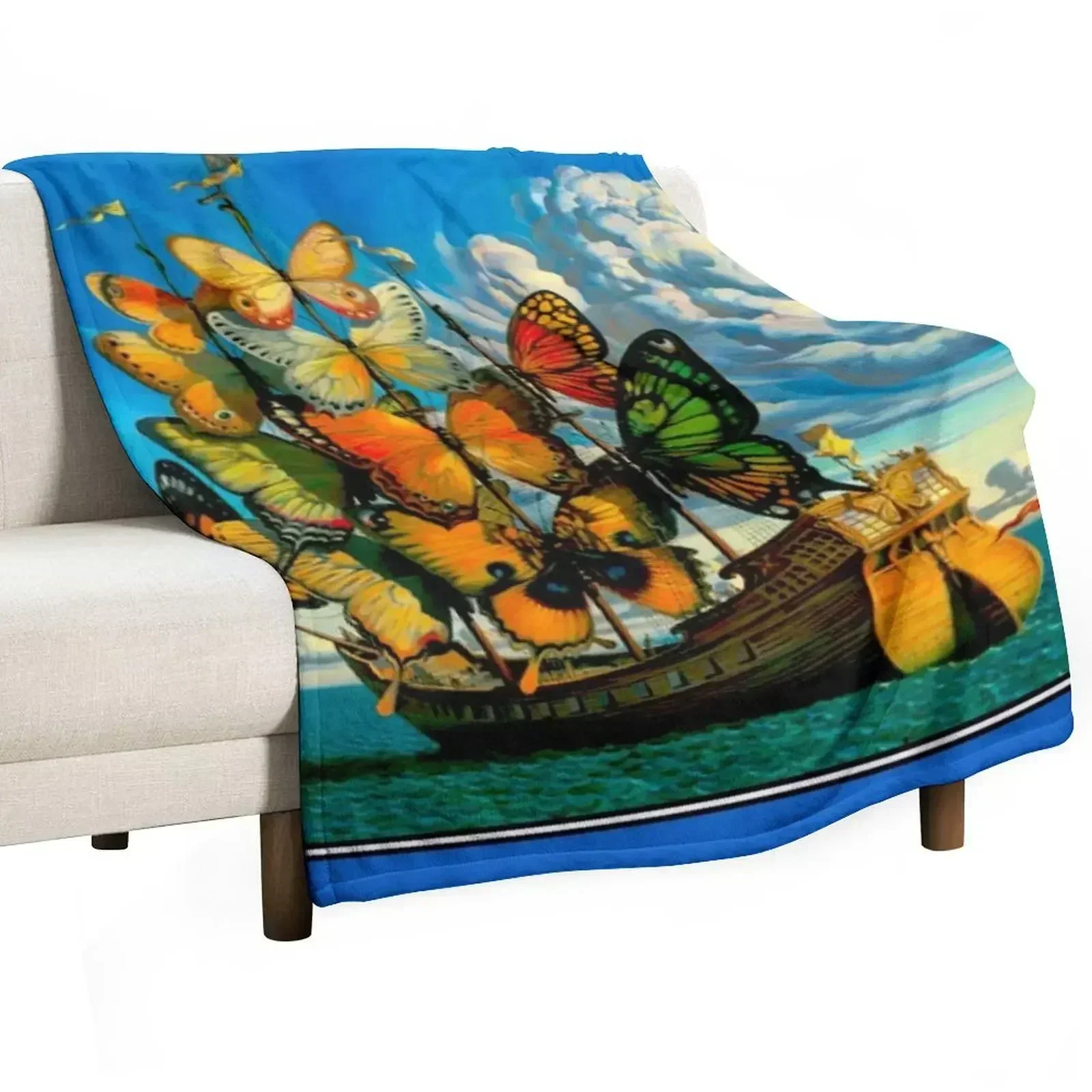 BUTTERFLY SHIP : Vintage Surreal Abstract Fantasy Print Throw Blanket Beautifuls Cute Moving sofa bed funny gift Thin Blankets