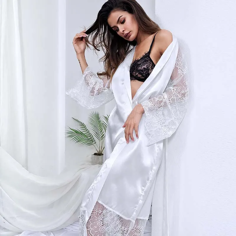 

Fashion Sexy Pajama Women Bathrobe Lace Lingerie Milk Silk Top Comfortable Ladies V Long-Sleeve Nightdress Sleepwear