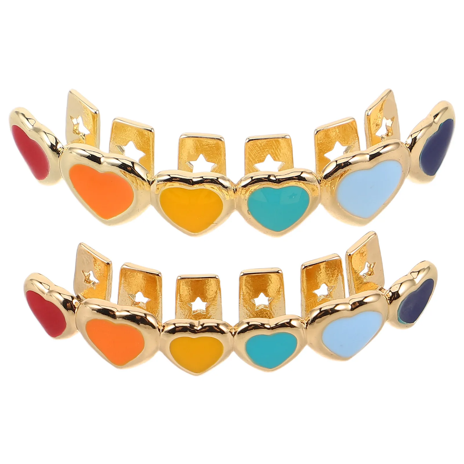 2Pcs Heart Tooth Grills Metal Enamel Caps Decorative Mouth Grill Accessories Fake Golden Teeth Costume Hip Hop Jewelry for Women