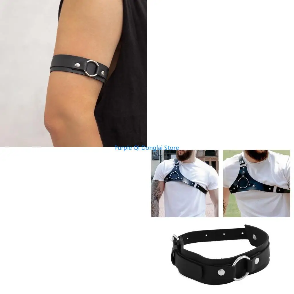 L21E Shirt Sleeve Holder PU Leather Armband Cuff Armlet Adjustable for Male Nightclub