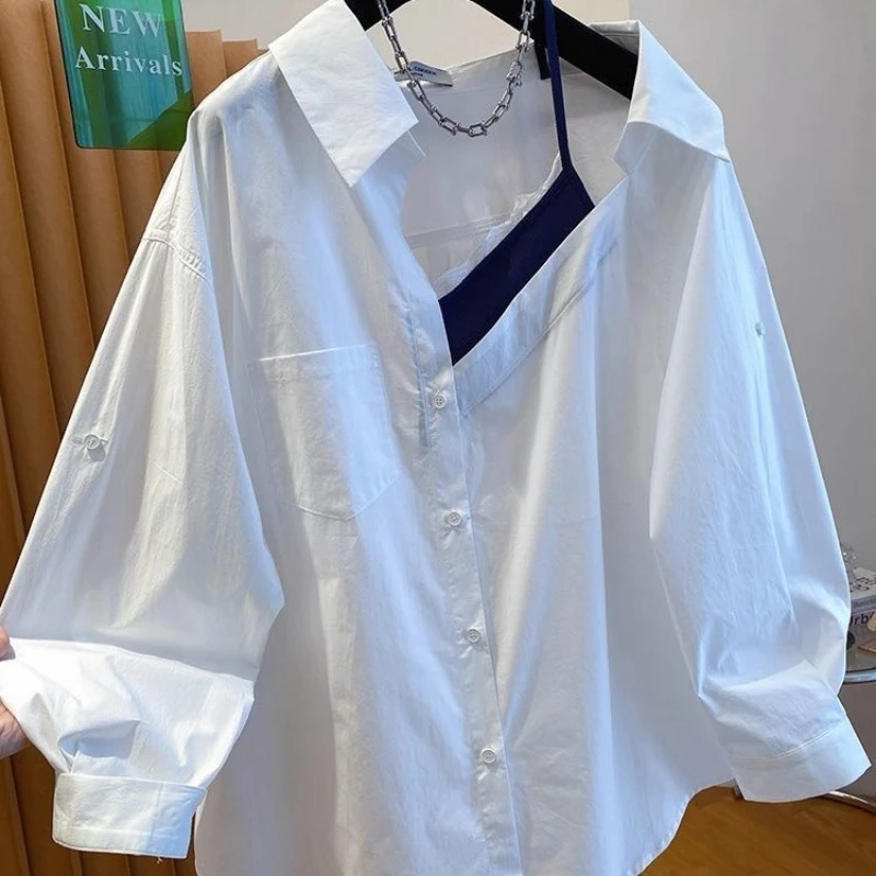 Two-piece Contrast Patchwork Loose Lazy Blouse Spring Autumn New Long Sleeve Korean Shirt Tops Fashion Trend Women Clothing