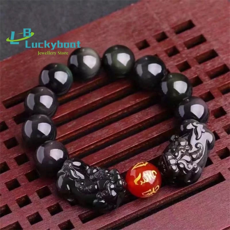 

Fashion 10mm Natural Rainbow Eye Black Obsidian Pixiu Bracelet Men's Stone Beads Bracelet Female Crystal Reiki Jewelry Wholesale