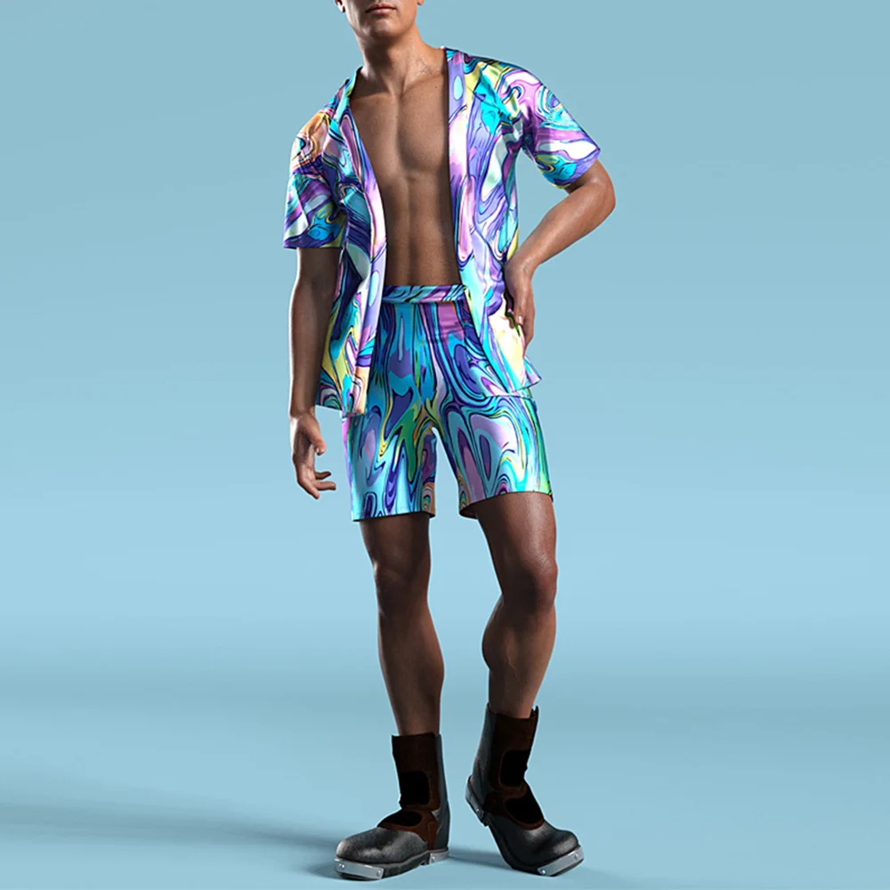 Mens Neon Cyber Style Shirt And Shorts Suit Fashion Personality Beach Vacation Versatile Two-Piece Suit Men'S Clothing 2024 New