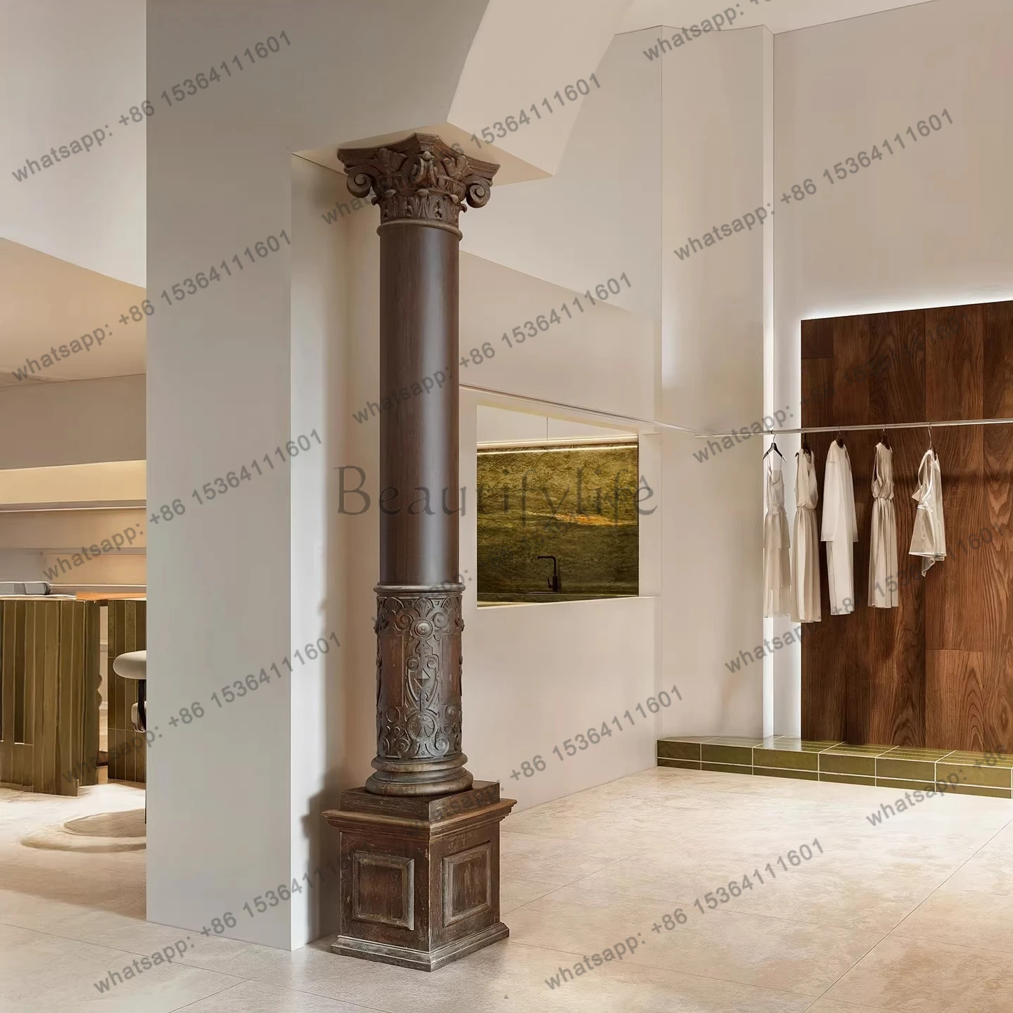 South East Asia Vintage Decorative Column Tooling Large Flat Layer Art Roman Column Imitation Wood Old