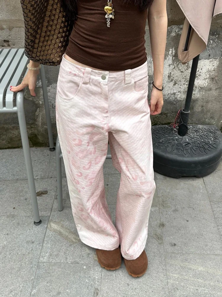 レトロアメリカンピンクヒョウ柄ゴールドエメッドカジュアルパンツ女性のスパイシーデザインワイドレッグフロアレングスパンツ