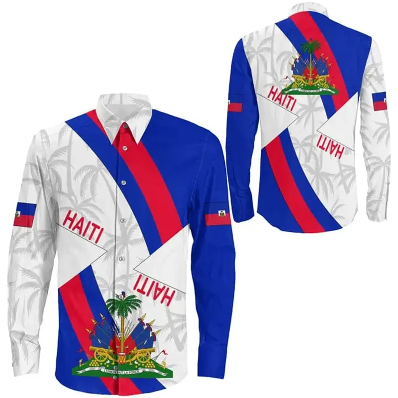 Camisa de manga larga para hombre, ropa de calle con estampado 3D de tatuaje Retro Vintage, Bandera de Haiti, Mar caribeño, Harajuku, informal