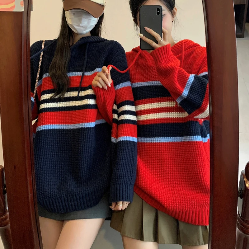 

Trendy Lazy Sle Color Blo Striped Hoodie Knitted Sweater Women's Thin Cotton Nylon Blend Casual Top Age Defng All Match