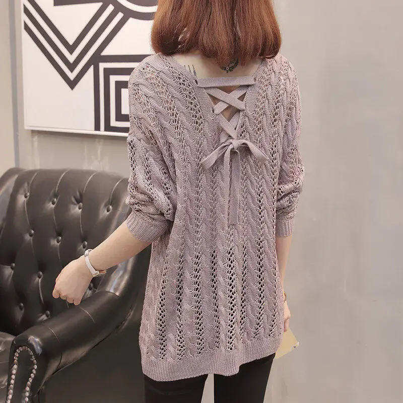 Hot Spring Autumn Winter New Women Back Hollow Knitted Sweater Fashion Comfort Loose Versatile Thin Long Sleeve Knitted Sweater
