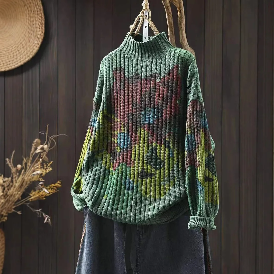 ملابس تريكو أنيقة بطباعة زهور للنساء ذات نوعية جيدة فضفاضة غير رسمية بأكمام طويلة نصف الياقة المدورة ملابس تريكو نسائية مريحة