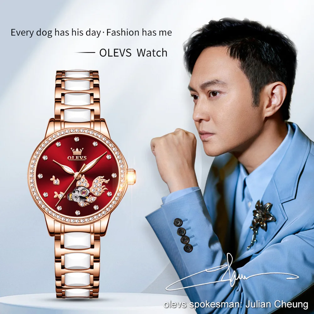 OLEVS 7001 Women's Watches Fashion Mechanical Wristwatch Luck Koi Carp Drill Ring Dial Waterproof Ceramics Watch for Ladies