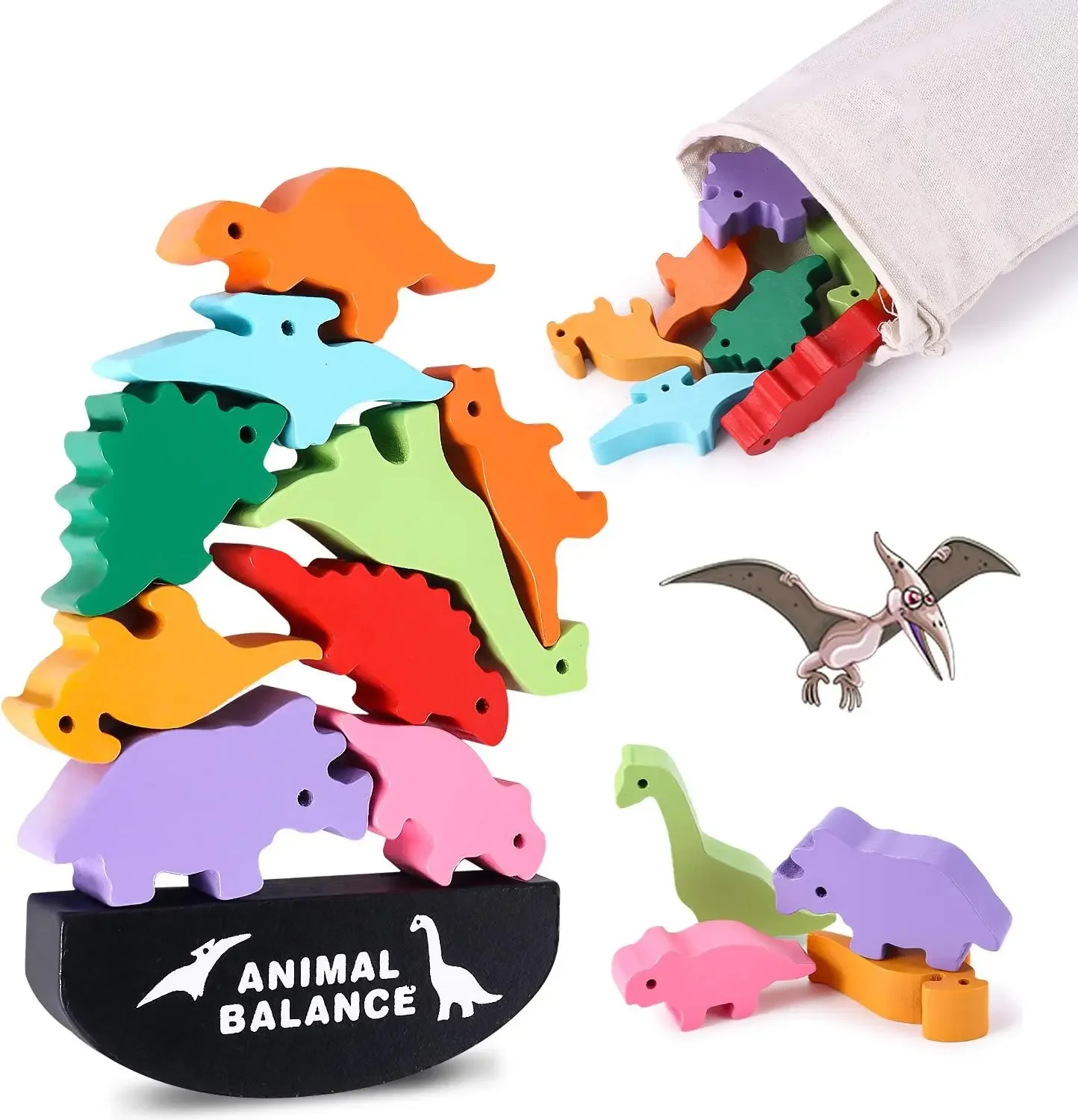 Juego de apilamiento de madera de juguete de dinosaurio: desafiante juego de banlance: desarrolla habilidades de movimiento de problemas de coordinación de concentración para niños
