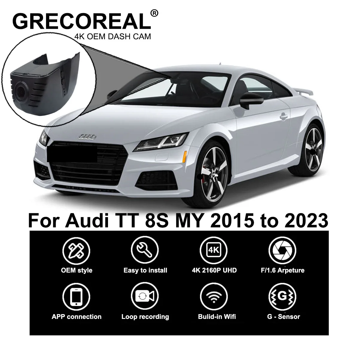 

GRECOREAL 4K Dash Cam Front and Rear 2160P WiFi Car Dual Dashcam APP Control Easy Install Plug Play Compatible with Audi TT 8S