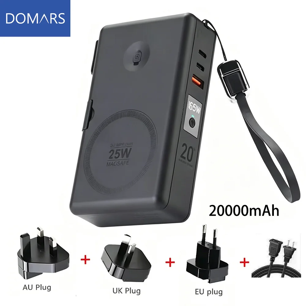 Domars GaN 65W 6 in 1 Laptop Powerbank QI2 Wireless Magnetic Power Bank 20000mAh External Battery For iPhone Watch 6-9 Macbook