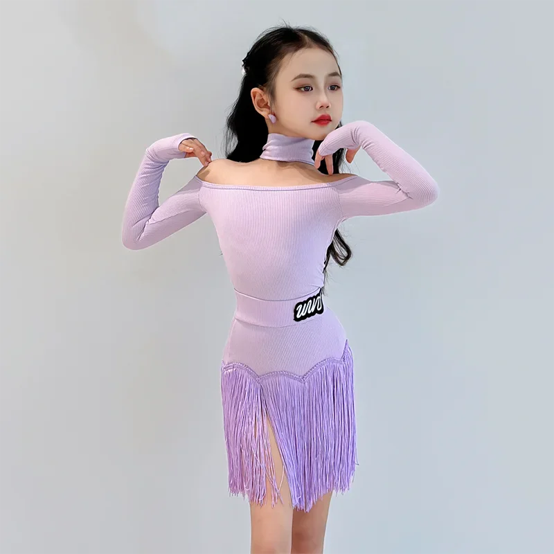 

Girls Kids Latin Dance Clothes Off Shoulder Purple Performance Suit Long Sleeve Bodysuit Tassel Fringe Skirt Outfit