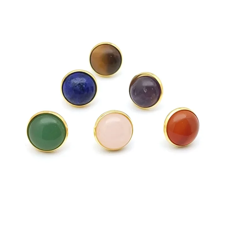 12MM Round Natural Stone Gold Color Stud Tiger Eye Opal Blue Pink Green Crystal Earrings Jewelry  Women Men Gift