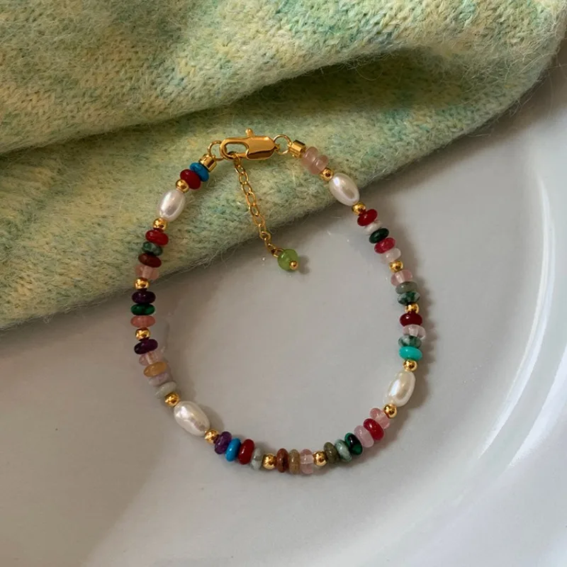 Minar Ethnische Regenbogen-Armbänder aus Naturstein mit farbiger Glasur, Reis-Süßwasserperlen, Perlenstrang-Armbänder für Frauen, handgefertigter Perlenschmuck