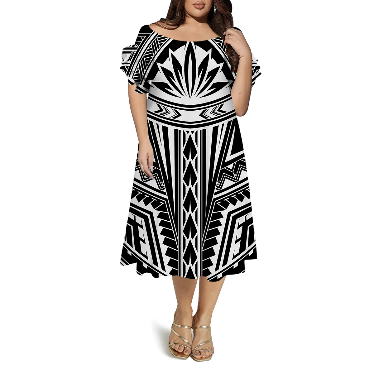 Summer Custom Dress Pattern Round Neck Butterfly Sleeves Tribal Pattern Design Retro Loose Polynesian Women'S Dress