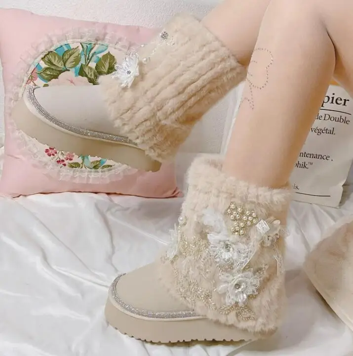 

Beige Cow Suede Rabbit Fur Beading Pearl Flower Thick Platform Snow Boots Warm Fur Woman Winter Ankle Boots