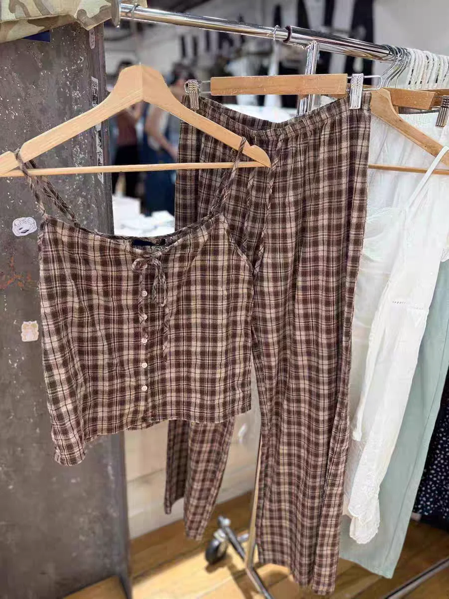 Pantaloni a gamba larga con coulisse scozzese vintage Pantaloni estivi da donna a vita alta larghi dritti Pantaloni casual dolci stile preppy femminile Novità