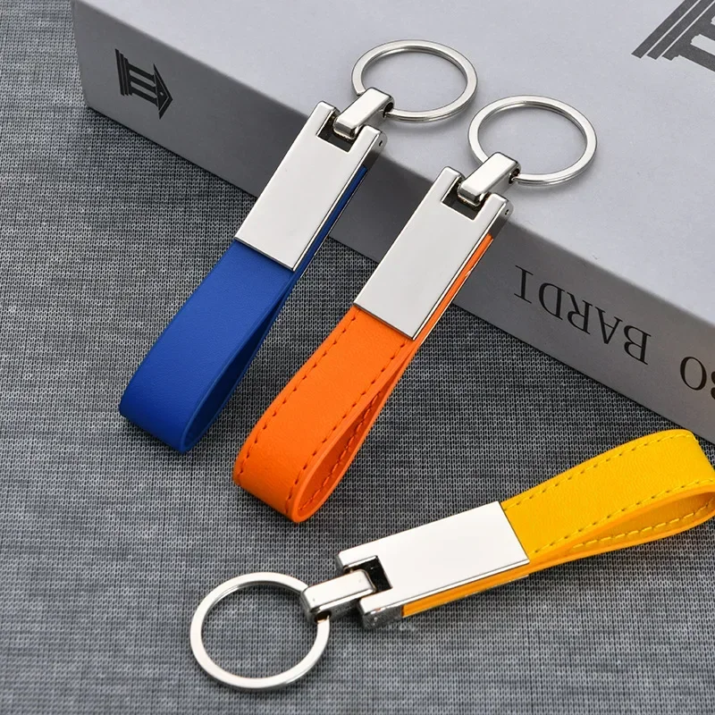 Creative Metal Car Personalized Keychains Men Genuine Customized Leather Key Chain with Laser Logo Key Ring Accessories Gift