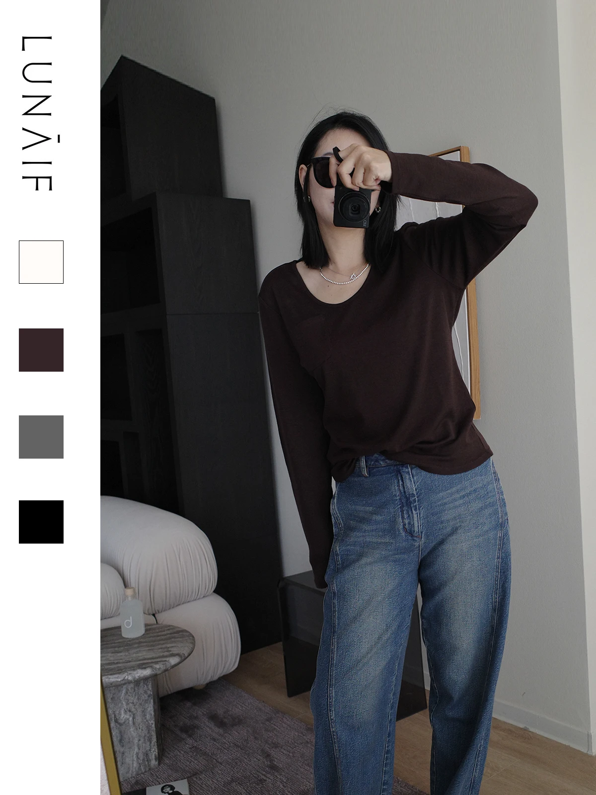 

Женский топ LUNAIF Super 80 Series Camere Long Sve T-irt из ультратонкой высокопрочной шерсти с высокой эластичностью, базовый слой