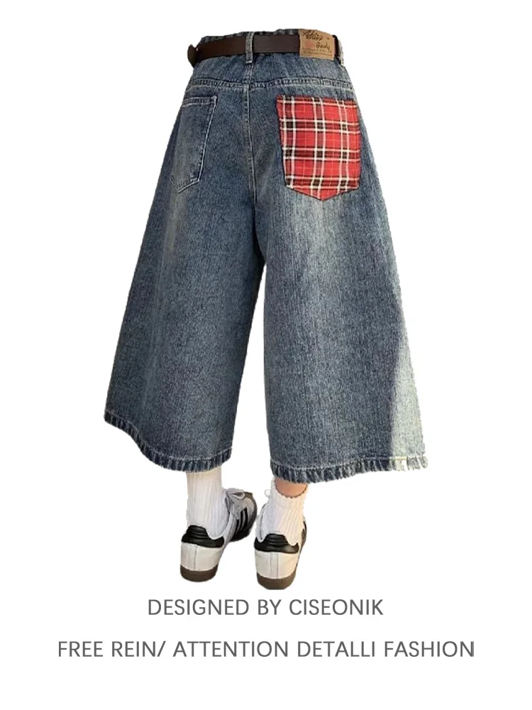 

High Waist Wide Leg Denim Shorts Women's Casual American Retro Patchwork Jeans Spring Autumn Loose Fit Straight Cut Trousers