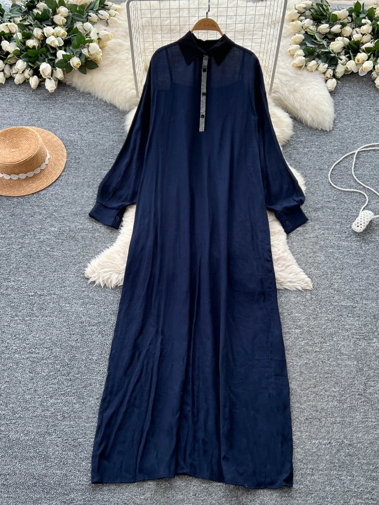 Elegancki, bogato zdobiony kołnierzyk, długi rękaw, długość do kolan, wyszczuplający, casualowy damski drukowany poliester, wysoki stan, krój A...