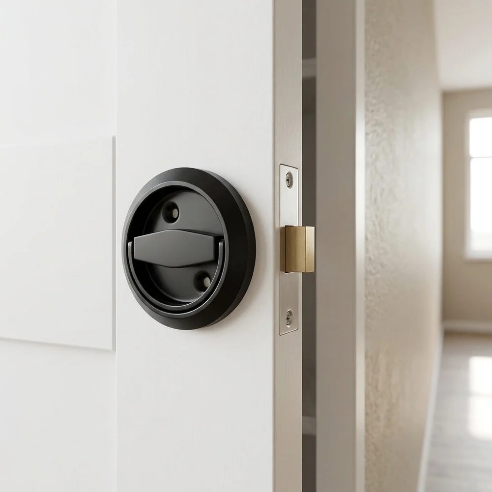 Privacy-Focused Pocket Door Lock System with Embedded Structure Suitable for Standard 1-3/8 in to 1-3/4 in Door Thicknesses