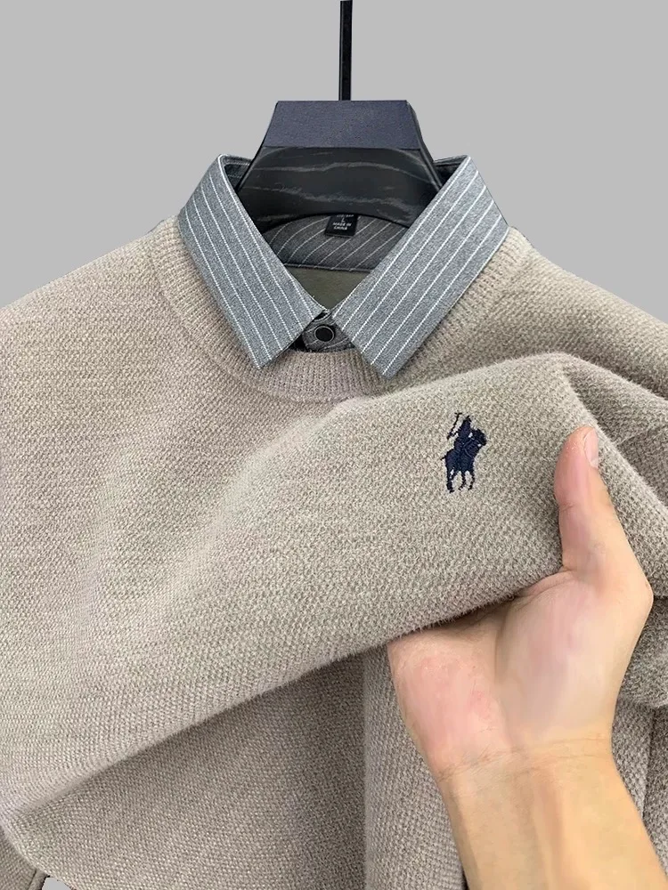 شخصية وهمية قطعتين الرجال محبوك سترة فاخرة مصمم العلامة التجارية بول المهر التطريز الأزياء مخطط قميص طوق السترة