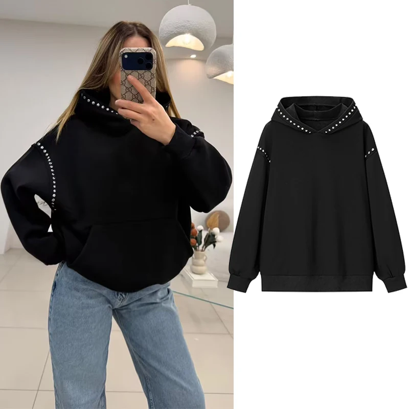 2026 frühling Herbst Frauen Jacke Langarm Niet Dekoration Hoode Jacken Für Frauen Casual Neue Schwarz Oberbekleidung