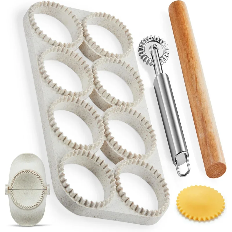 Ravioli Maker Press, Ravioli Press Mold Set – Runder Ravioli Stamp Maker Cutter mit Holz-Nudelholz, 2,6 Empanada Maker Press