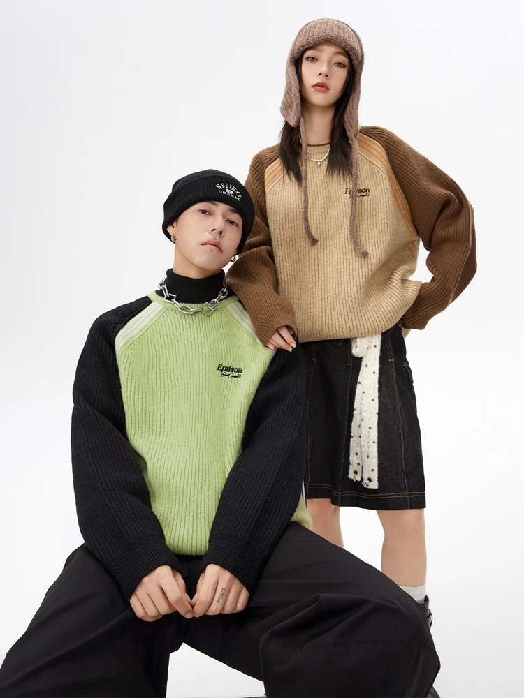 

Eptison American Casual Color Blo Knitted Sweater Men's Autumn Winter Embroidered oulder Sve Couple's Sweater