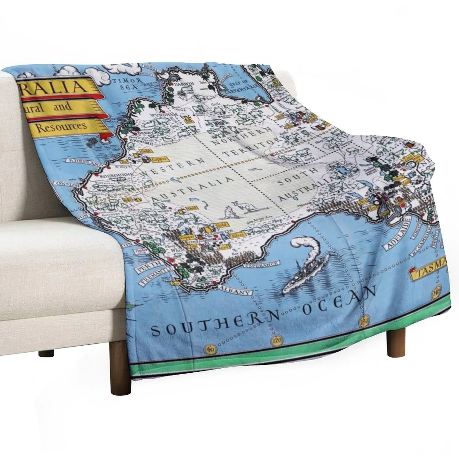 Pictorial Map Print of Australia, her natural and industrial resources by MacDonald Gill (1942) Throw Blanket