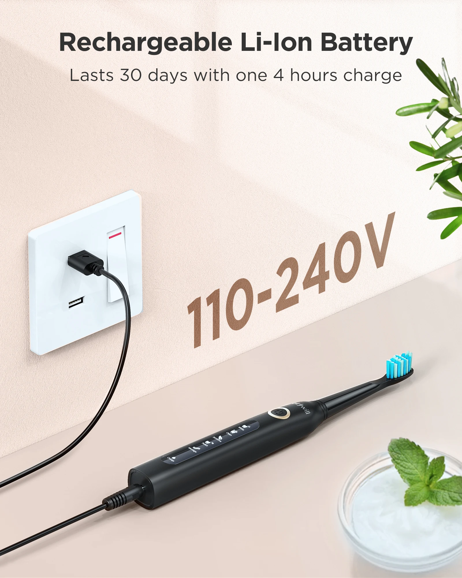 Fairywill Elektrische Schallzahnbürste, USB-Aufladung, FW-D7, wiederaufladbar, wasserdicht, elektronische Zahnbürsten, Ersatzköpfe für Erwachsene