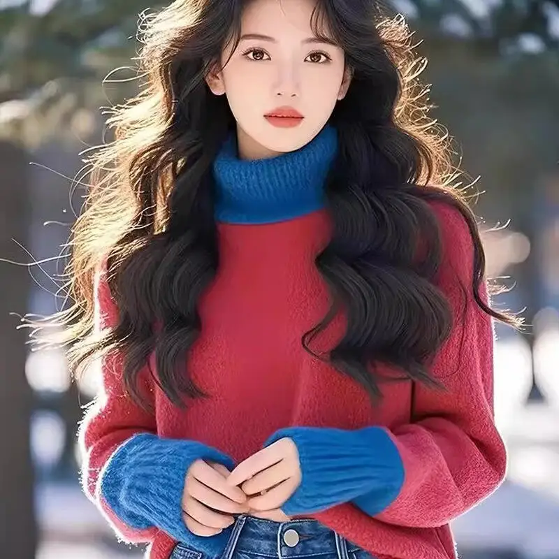 

2026 New Winter Women Color Blocked High Neck Base Sweater with Lazy Style Super Beautiful Design Comfort Warm Knit Sweater Tops