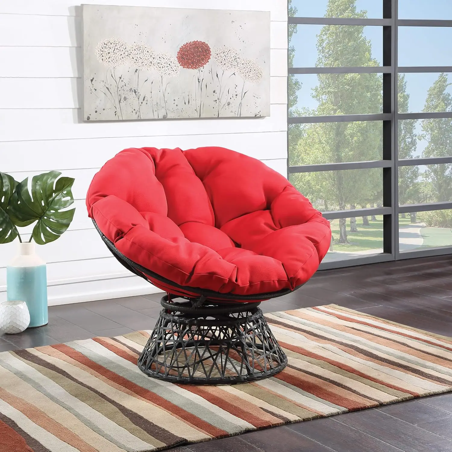 Wicker Papasan Chair with 360-Degree Swivel, Grey Frame with Red Cushion