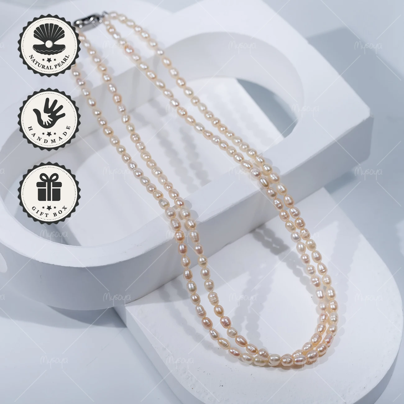 

MYSOYA Double Layer 3-4mm Pink Freshwater Pearl Necklace with Silvery Pea Clasp, With Gift Box, Birthday Gift, Valentine’s Day