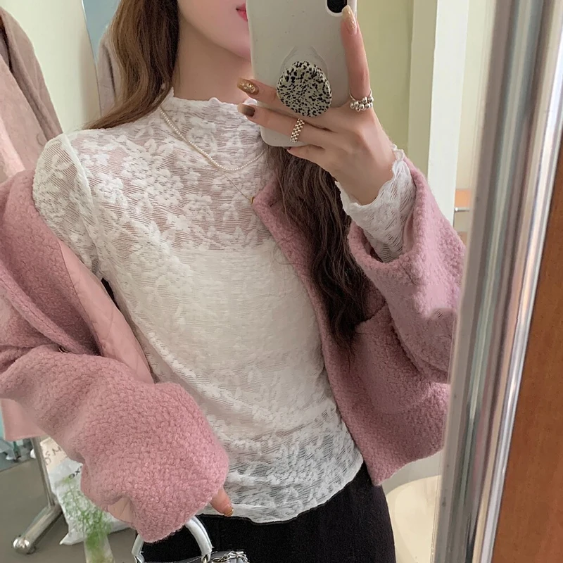 Sweet Mock Neck Lace Wooden Ear Bottoming Shirt Fall and Winter Innerwear Exquisite Blouse Embroidery Delicate Top For Women