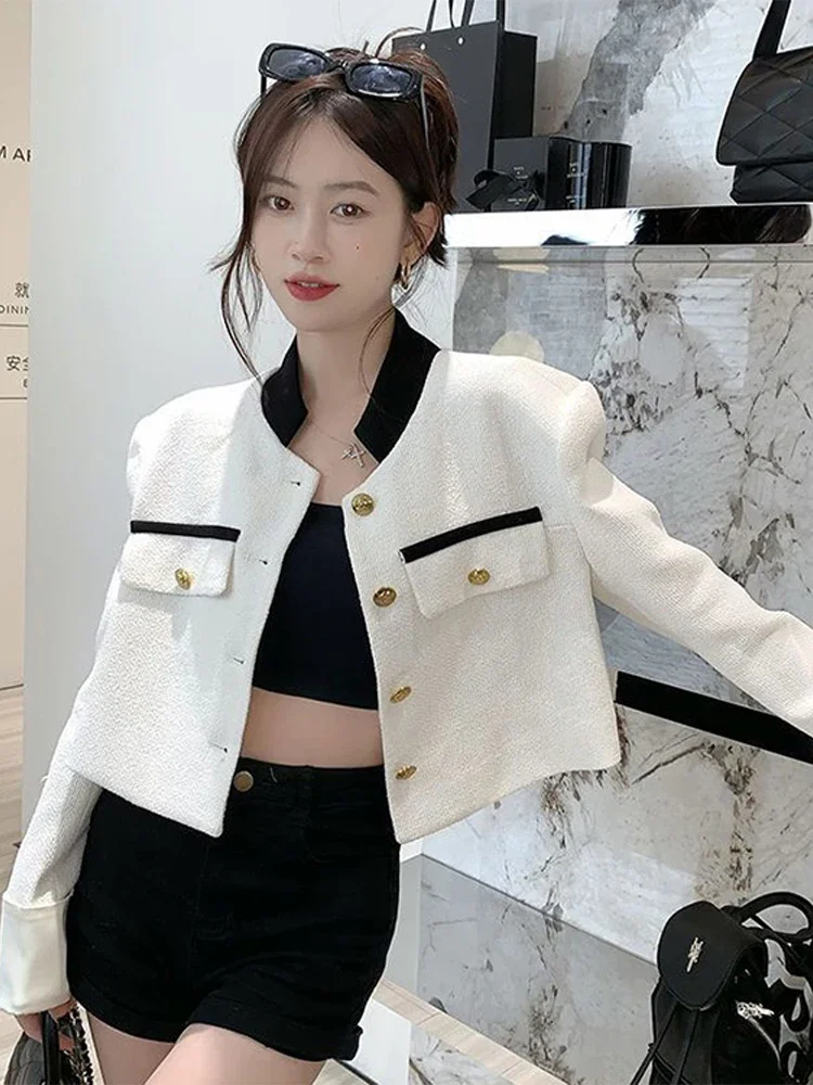 Stand Collar Patchwork Women Jacket Short  Long Sleeve Buttons Fake Pocket Female Coat 2024 Fashion Spring Casual Lady Overcoat