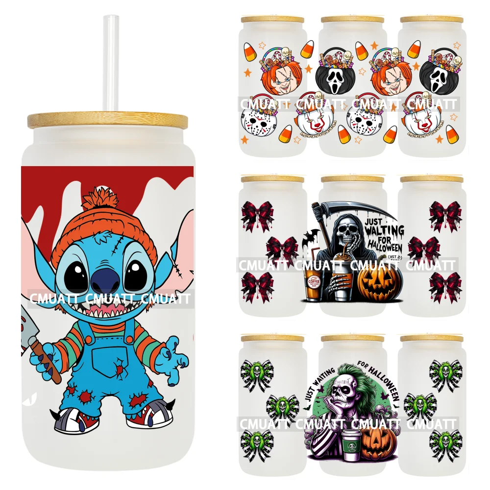 

Horror Vibes Cartoon Just Waiting For Halloween UV DTF Cup Wrap 16OZ Transfer Printing Custom Sticker DIY For Glass Tumbler Mugs