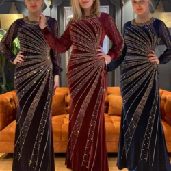 Medio oriente donne lungo Abaya velluto perla diamante Robe Dubai abito musulmano tuta vestito alto elasticizzato vestito da partito