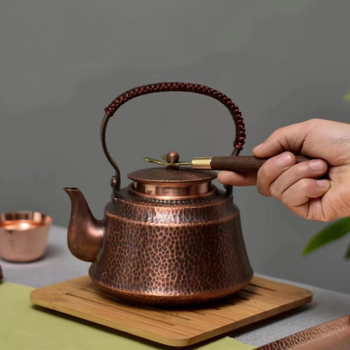 Handmade Pure Copper Hammer Pattern Teapot, Kettle Boiler, Antique Tableware, 1L